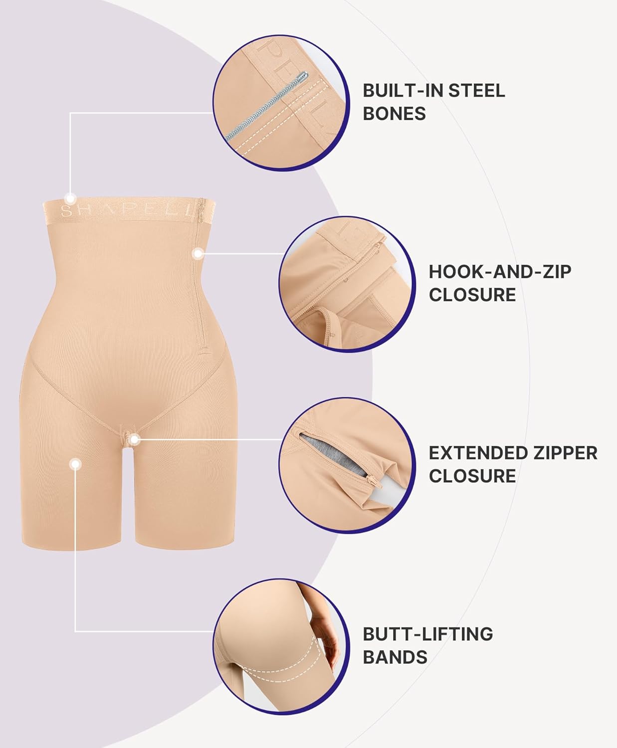 Size L SHAPELLX Shapewear Tummy Control for Women Butt Lifting High Waist Shorts Faja Body Shaper Thigh Slimming Panties